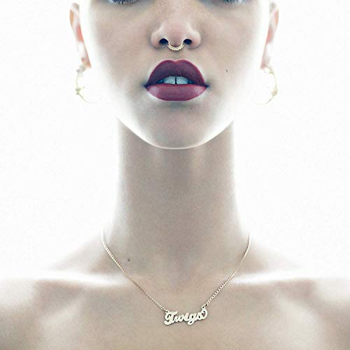 Close-up of a person with dark lipstick, septum ring, and a Twigs nameplate necklace.