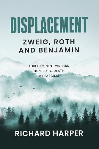 Book cover titled Displacement featuring a misty forest landscape with mountains and birds.