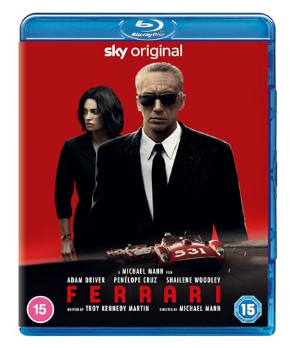 Blu-ray cover for the film Ferrari featuring Adam Driver and Penélope Cruz.
