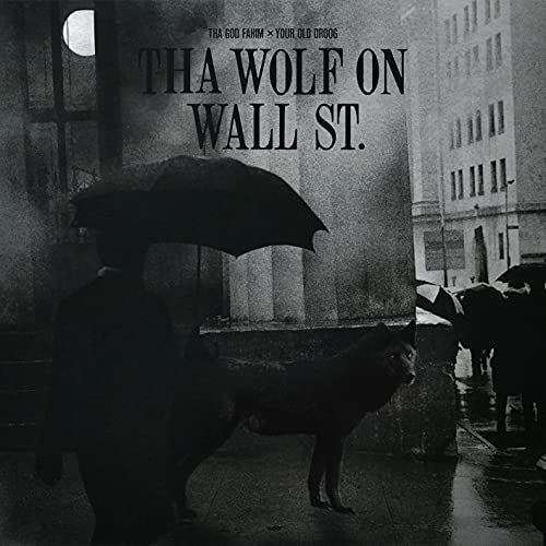 Black and white album cover featuring a wolf and person with umbrella.