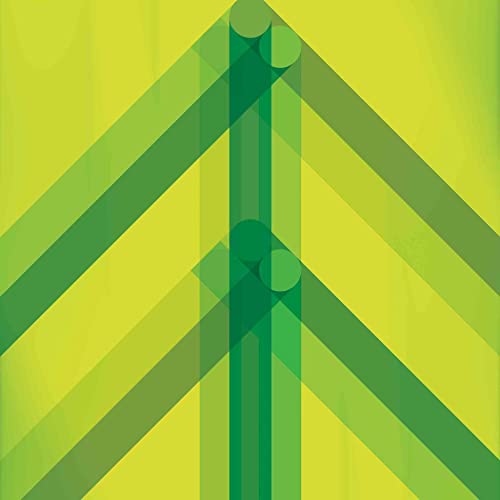 Abstract graphic with overlapping green geometric lines and circles on a lime yellow background.
