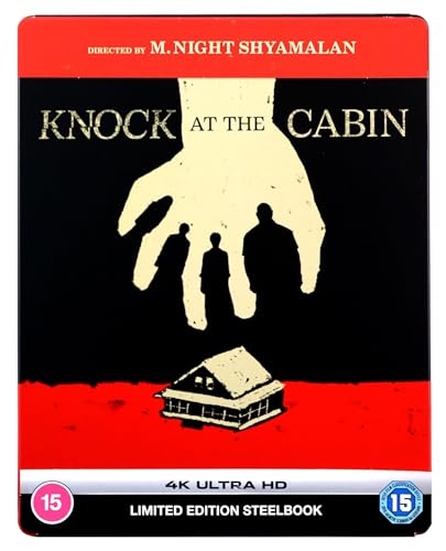 Knock at the Cabin" Blu-ray cover with a hand looming over silhouetted figures.