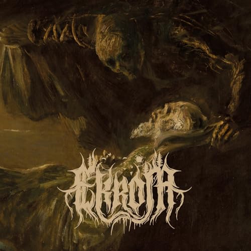 Dark, textured painting of a skeletal figure over a skull with stylized metal logo.
