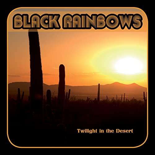Desert landscape with cacti and a setting sun, album cover art.