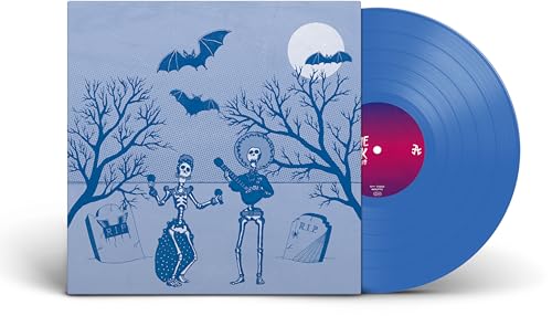 Blue vinyl record with album cover depicting skeletons and bats.