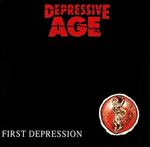 Vinyl record cover: red text on black, with a fetal image in a circle.