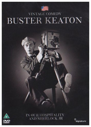 Buster Keaton DVD cover featuring a vintage film camera and seated Keaton.