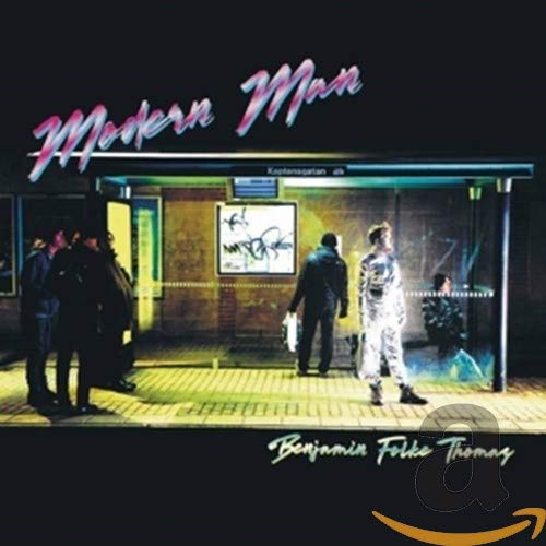 CD cover: people at a bus stop with abstract art inside.