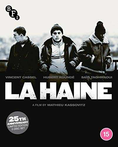 Blu-ray cover for "La Haine" featuring three young men in winter clothing.