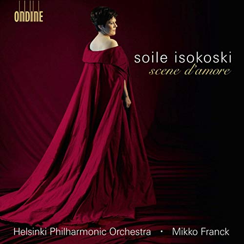 Soile Isokoski album cover, woman in red cape, dark background.