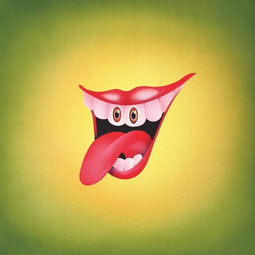 Cartoon mouth with eyes and tongue sticking out, yellow-green background.