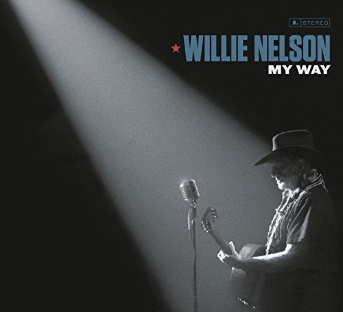 Willie Nelson album cover, black and white, spotlight on microphone and guitarist.