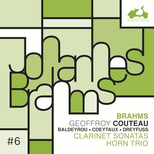 CD cover with abstract green and white geometric design, text “Brahms”.