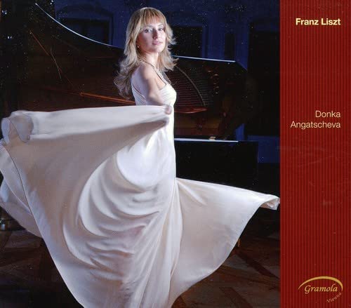 Woman in white dress standing by a grand piano, CD cover.