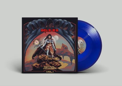 Blue vinyl record with album cover featuring a warrior in a landscape.