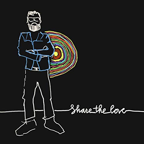 Sketch of a man with a colorful, circular design and text.