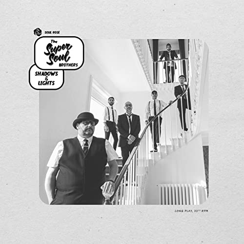 Black and white album cover featuring five men on a staircase.