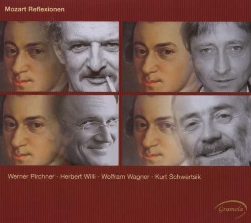CD cover with a grid of four portraits of Wolfgang Amadeus Mozart.