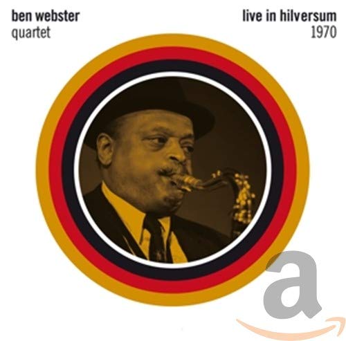 Ben Webster portrait in a circular frame, playing saxophone, 1970.