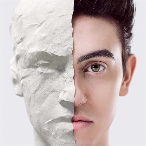 Half face of a man, half a crumpled paper sculpture.