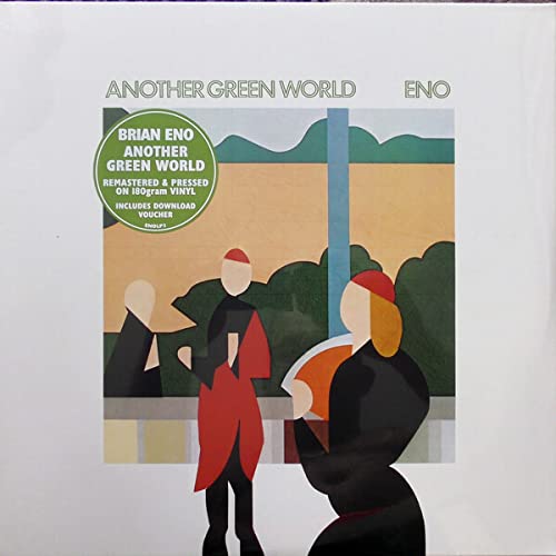 Brian Eno’s “Another Green World” vinyl album cover with abstract figures.