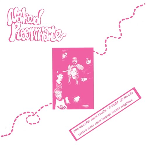 Pink album cover featuring a band of four people and abstract shapes.