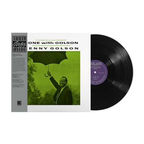 Vinyl record cover for Gone With Golson by Benny Golson next to a record.