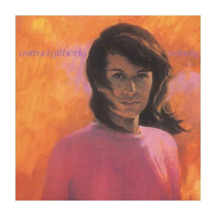 Painted portrait of Astrud Gilberto on a vibrant orange and pink album cover.