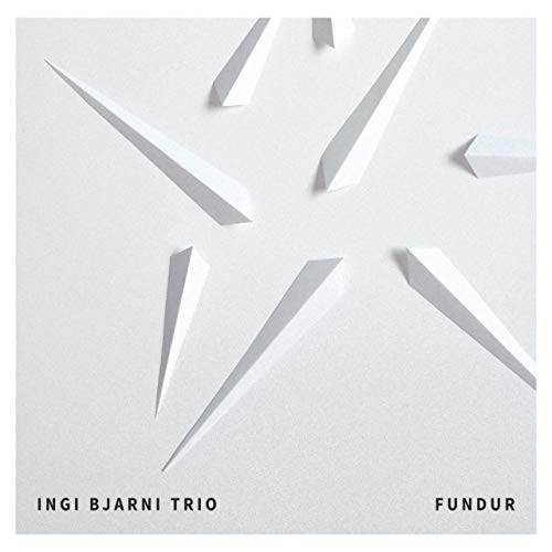 CD cover for Ingi Bjarni Trio’s “Fundur” with abstract white shapes.