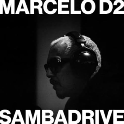Black and white portrait of Marcelo D2 wearing headphones, album cover.