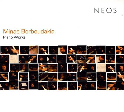 CD cover for Minas Borboudakis' "Piano Works" with collage of pianist images.