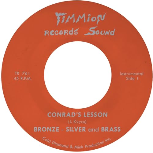 Red vinyl record label with text: "Conrad's Lesson" by Bronze, Silver & Brass.