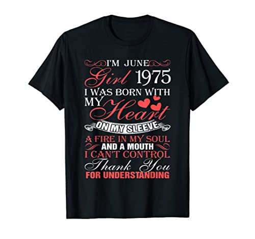 Black t-shirt with red and white text celebrating someone born in June 1975.