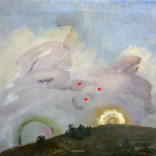 Painted album cover with clouds, figures, and three red hearts.