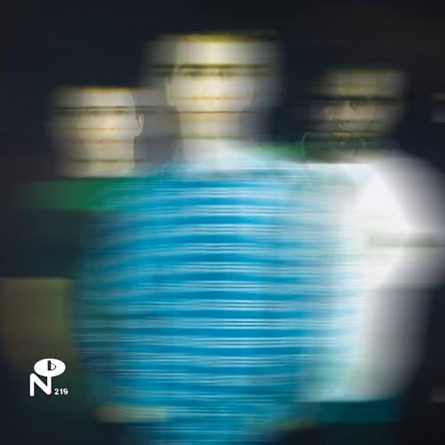 Blurred portrait with blue lines, vinyl record label logo at bottom left.