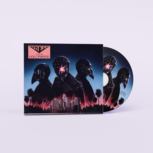 CD case for Priest’s “Live In Hollywood” with masked figures and city skyline.