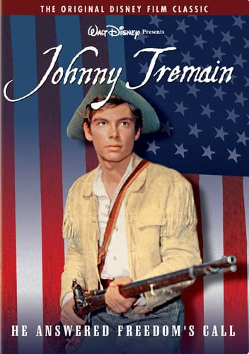 Johnny Tremain" DVD cover featuring a young man with a rifle, American flag background.