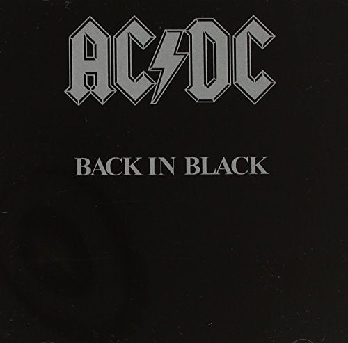 AC/DC “Back In Black” album cover, black background with silver text.