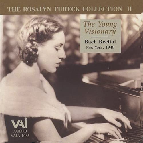 Rosalyn Tureck portrait at a piano, album cover for Bach recital.