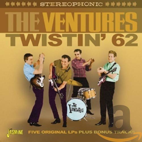 CD cover for The Ventures’ “Twistin’ 62” featuring the band playing instruments.