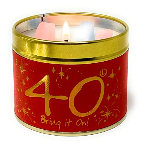 Red tin candle with gold “40” and lit wick, celebratory design.
