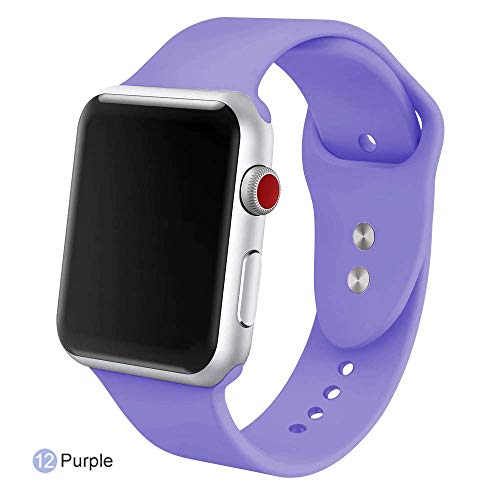 Silver smartwatch with a purple silicone band, screen is dark.