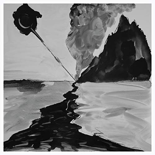 Black and white abstract ink wash painting of mountains and sky.