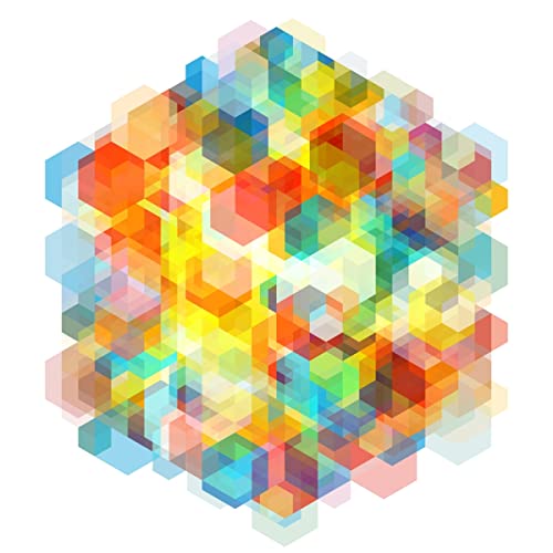 Abstract geometric design with colorful, overlapping hexagonal shapes.