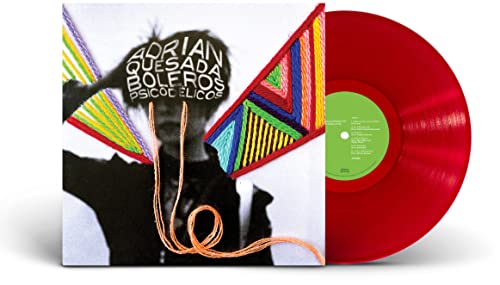 Album cover with embroidered geometric patterns over a portrait and a red vinyl record.