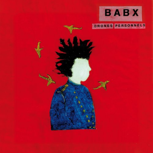 Red album cover with a white-faced figure and golden drone illustrations.