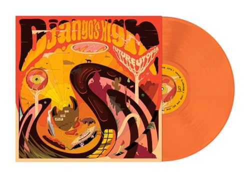 Orange vinyl record with colorful, surreal album artwork visible in sleeve.