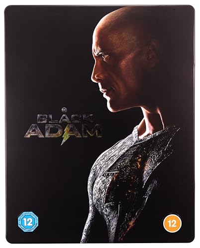 Black Adam Blu-ray cover featuring Dwayne Johnson in profile, dark background.