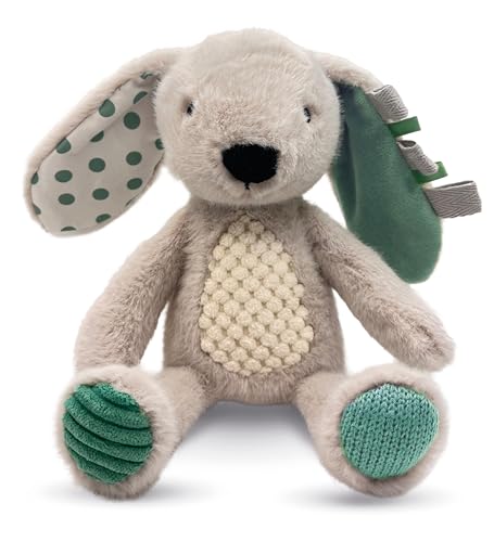 Grey plush bunny with textured details and patterned inner ears.