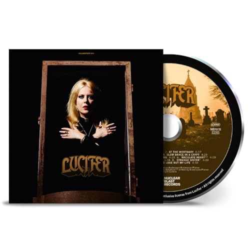 Lucifer V CD cover featuring a woman in a doorway and cemetery disc art.